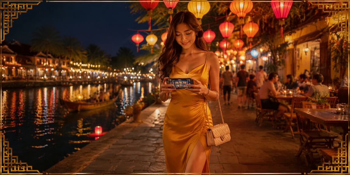 Người dùng dùng điện thoại tra cứu trợ giúp casino tại quán cà phê Hội An